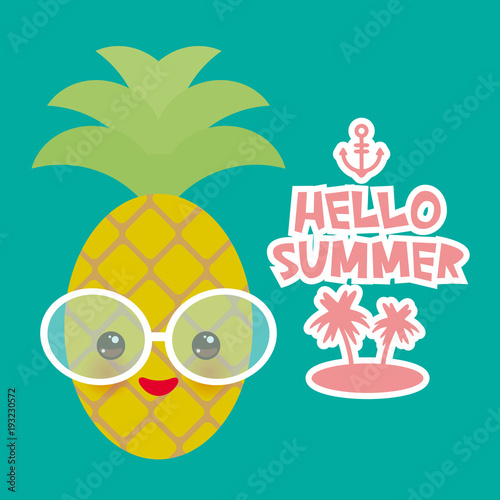 Hello Summer cute funny kawaii exotic fruit pineapple with sunglasses. Hot summer day  pastel colors card design  banner template on blue background. Vector