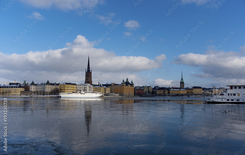 A snowy, cold and sunny view of Riddarholmen, The Knights' Islet, Stockholm