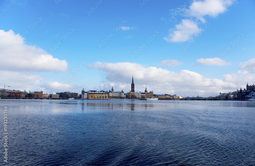 A snowy, cold and sunny view of Riddarholmen, The Knights' Islet, Stockholm