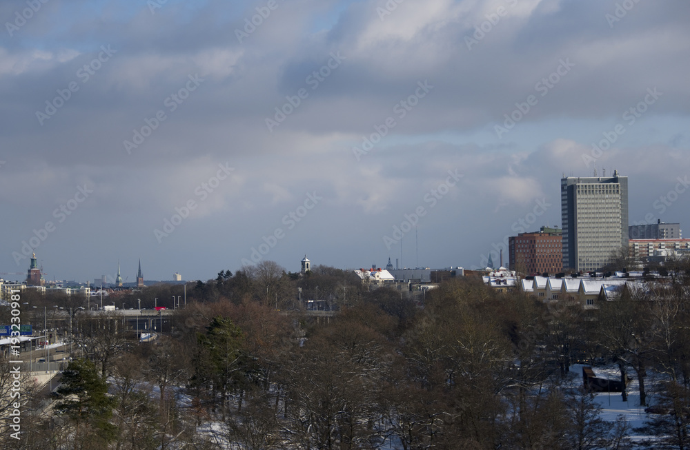 A snowy, cold and sunny view of the island Kungsholmen in Stockholm