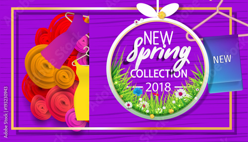 Spring banner "new collection" with paper flowers for online shopping, advertising actions, magazines and websites. Spring new collection background with beautiful colorful flower.