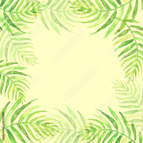 Watercolor frame tropical leaves and branches isolated. Palm leaf background  postcard. Green tropical palm leaf. Illustration for design wedding invitations  greeting cards  postcards