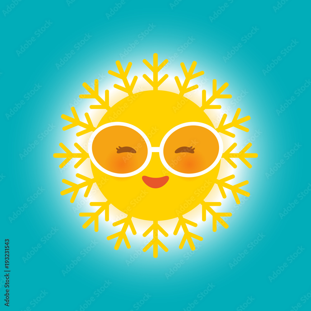 Kawaii funny yellow sun with sunglasses pink cheeks and eyes on blue sky background. Hot summer day. Bright sun and blue sky without clouds. Vector