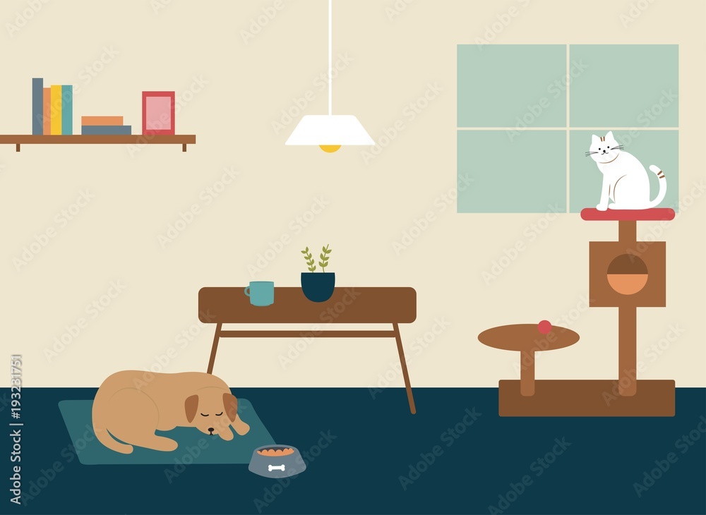 simple illustration of pets at home, cat and dog indoor Stock Vector