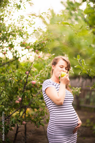 Beautiful young pregnant woman standing in summer in an apple orchard and eating ripe apples