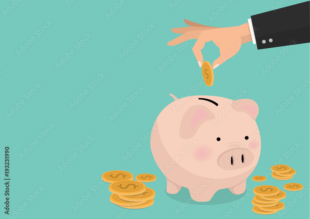 flat illustration Hand putting coin a Piggy bank money savings concept ...
