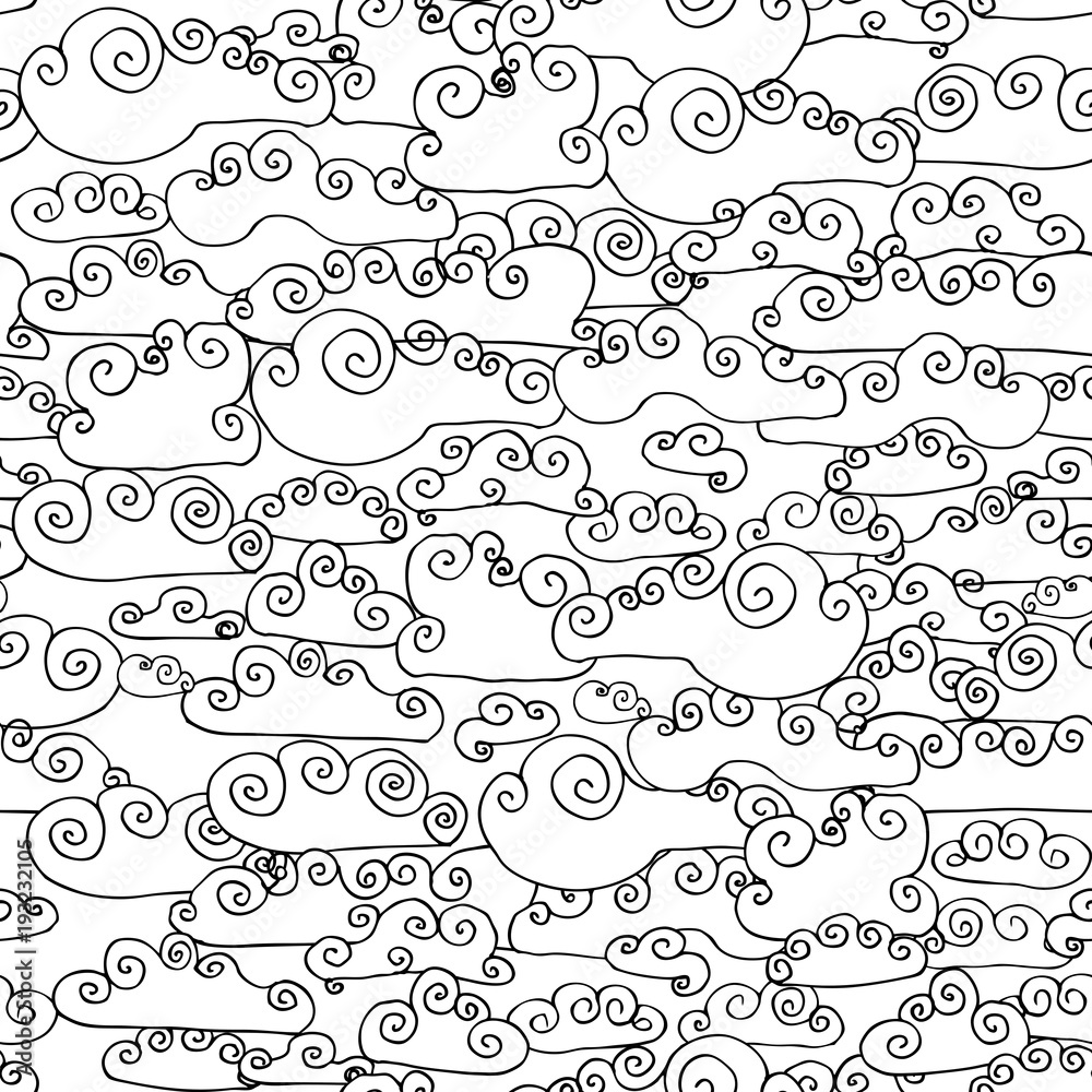 seamless pattern Doodle Collection of Hand Drawn Vector Clouds. Set of cartoon cute simple clouds outlines shapes. black outline on a white background. Vector