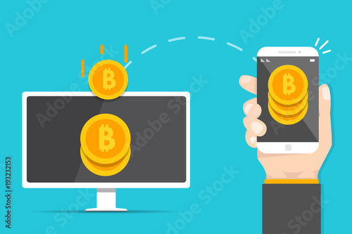 Peer to peer payments. Smartphone to PC transfer money.  Cryptocurrency Transaction. Vector illustration.