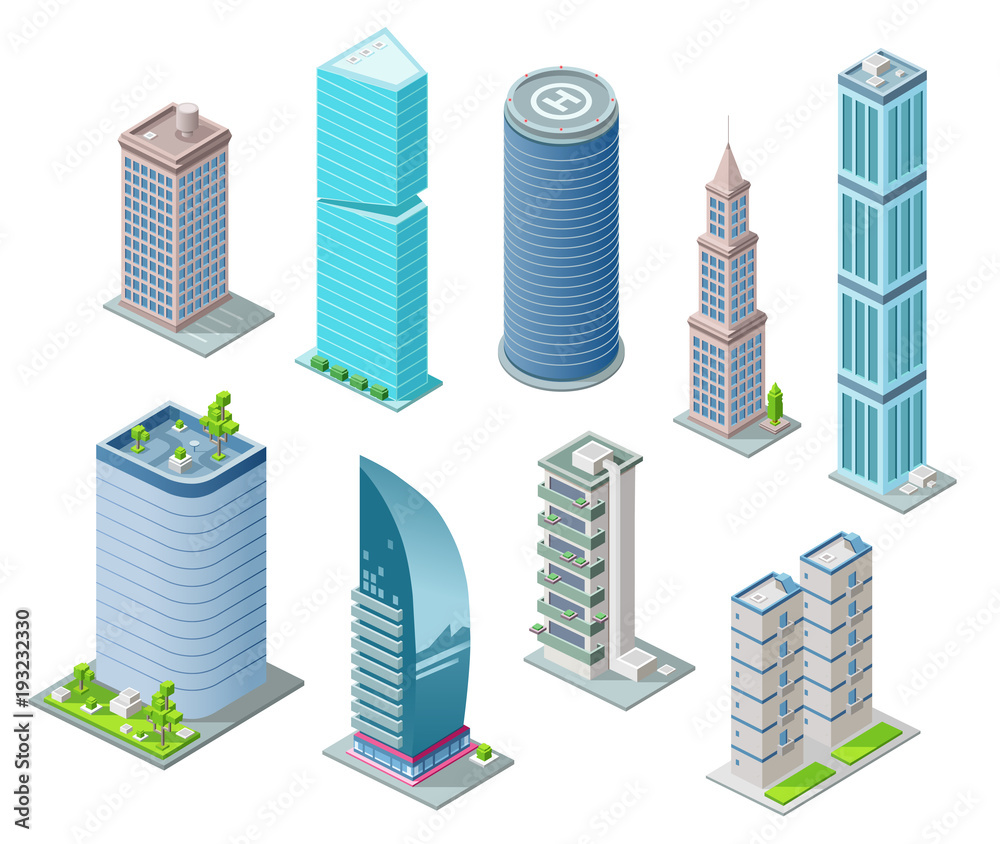 Isometric 3D buildings and city skyscrapers vector illustration for architecture construction design. Residential building, office or hotel residence towers with helicopter heliport on rooftop