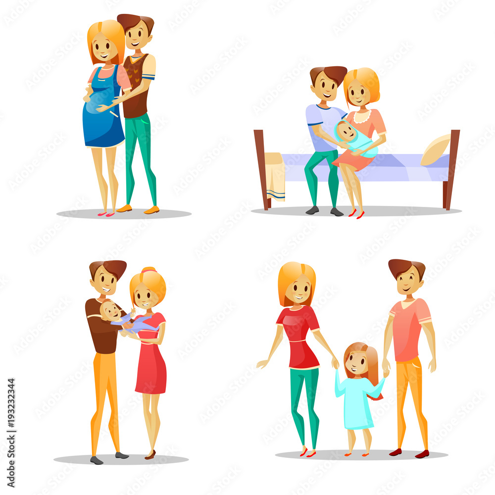 Couple and child vector illustration of cartoon parents with kid. Pregnant  woman with newborn baby and husband, toddler girl holding father or mother  cuddle daughter in swaddle happy family icons Stock Vector |