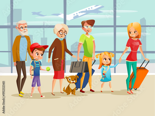 Family travel in airport vector illustration. Family kids, parents or grandparents and pet dog with traveling luggage bags in airport terminal for boarding on summer holiday vacations