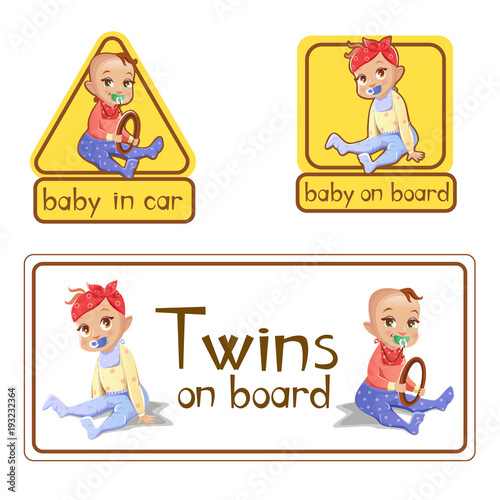 Baby in car sign stickers vector illustration. Twins girl and boy baby on board with steering wheel isolated warning labels set of advisory alarm or baby child safety caution for car drivers notice