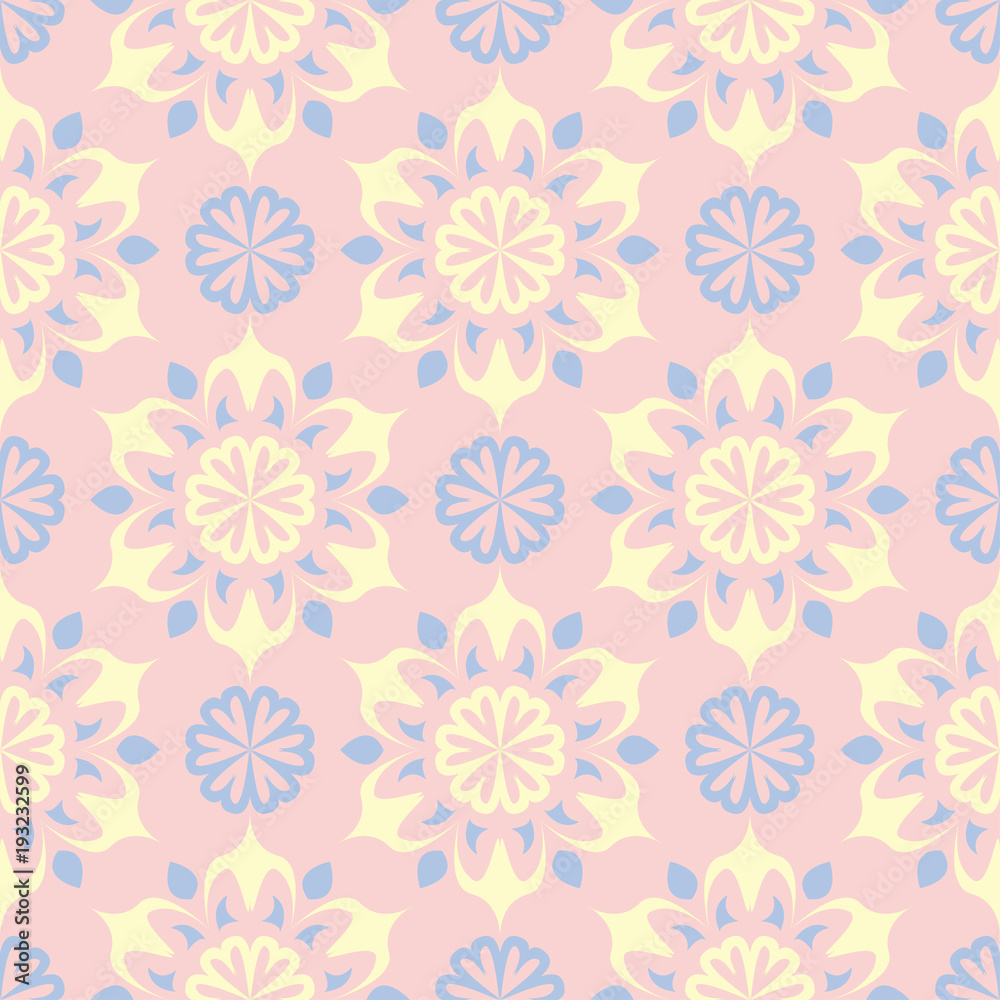 Floral pale pink seamless background. Floral pattern with light blue and yellow elements Floral pale pink seamless background. Floral pattern with light blue and yellow elements
