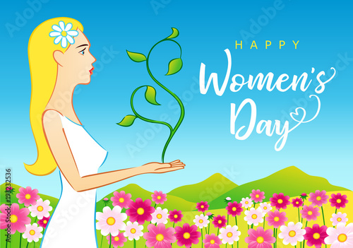 8 March, Happy Womens Day beautiful woman greeting card. Vector illustration for the International Women`s Day with lettering and beautiful women on spring background