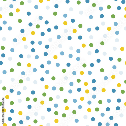 Colorful polka dots seamless pattern on black 12 background. Ideal classic colorful polka dots textile pattern. Seamless scattered confetti fall chaotic decor. Abstract vector illustration.