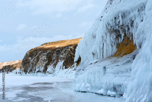 The icy splashes (splash out ice) on the rock, winter lake Baikal