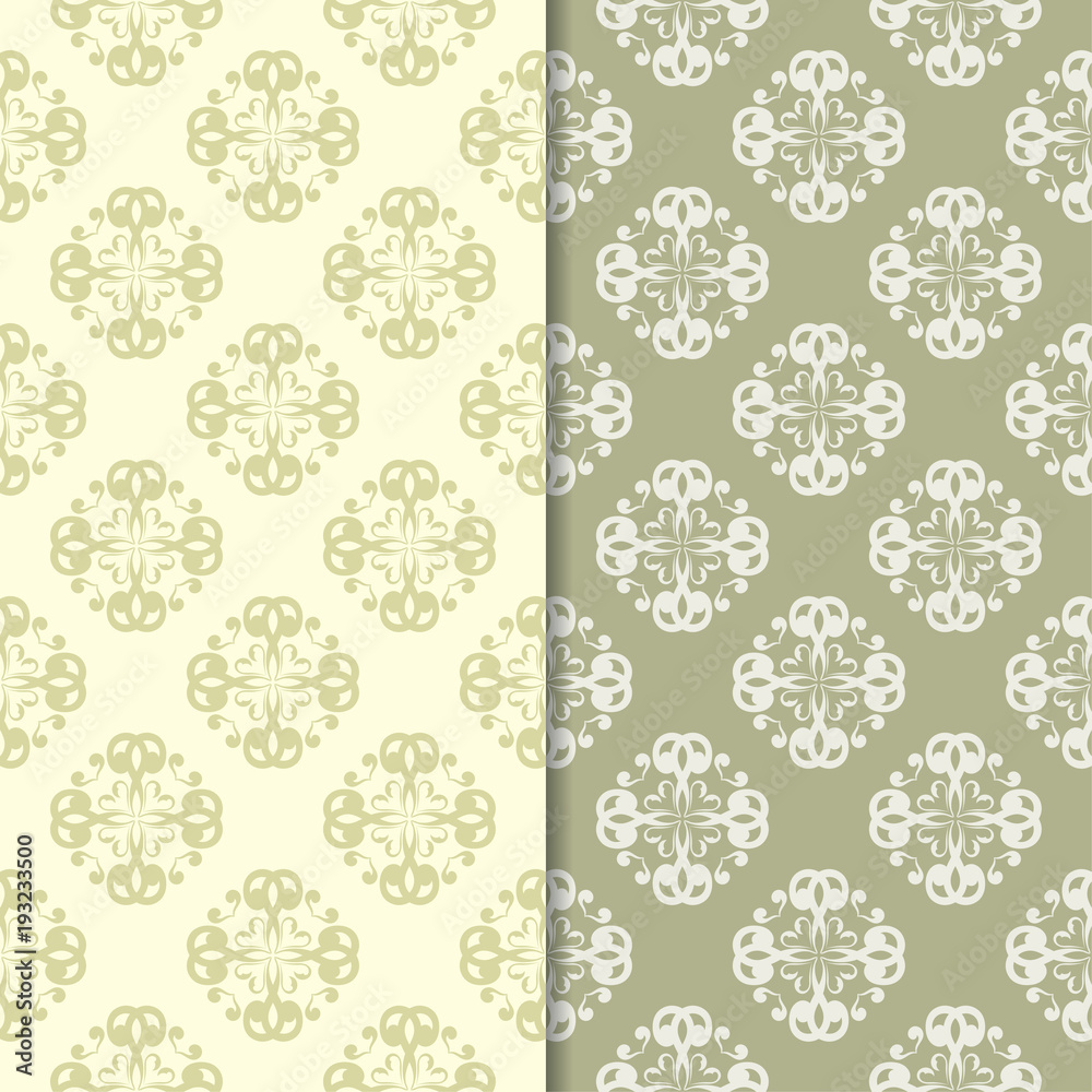 Olive green floral backgrounds. Set of seamless patterns