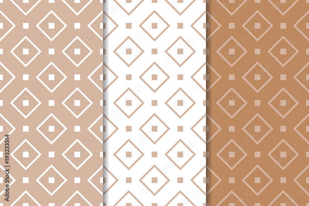 Brown and white geometric ornaments. Set of seamless patterns Brown and white geometric ornaments. Set of seamless patterns