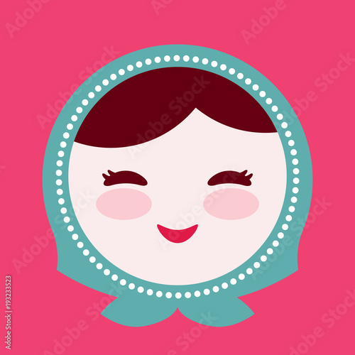 Russian dolls matryoshka face, pink blue green colors colorful bright pink background. Vector