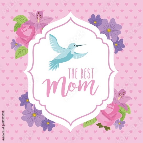 vintage label bird fly and flowers decoration romantic best mom vector illustration