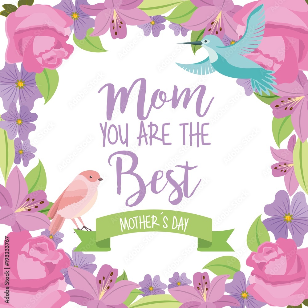 mom the best mothers day bird ribbon flowers frame decoration vector illustration mom the best mothers day bird ribbon flowers frame decoration vector illustration