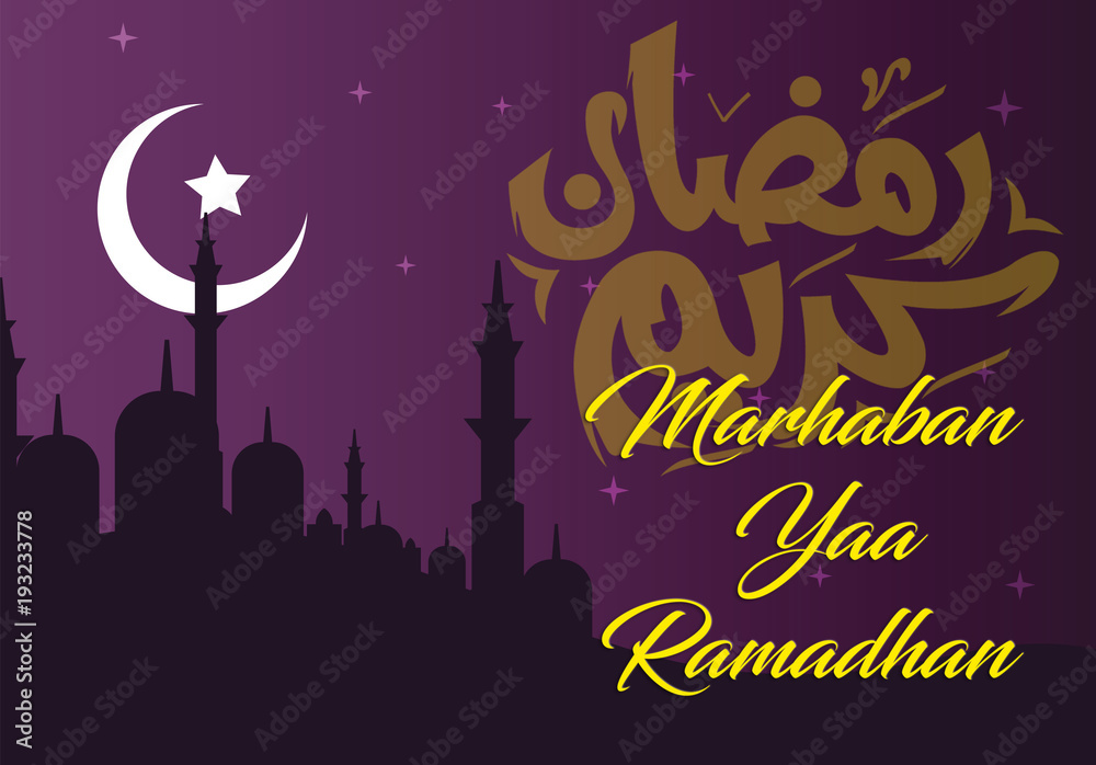 Marhaban Ya Ramadhan greeting card with a dark silhouette of a mosque, crescent moon and a star. Arabic typography illustrating Ramadan Kareem (Ramadan is a holy month in the Islamic religion)