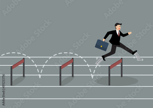 Businessman with elastic spring shoes jumping over hurdle