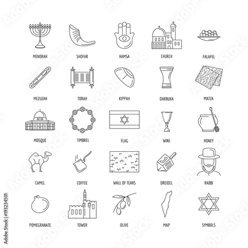 Israel culture and traditions outline icons set. Israel objects vector illustration isolated on white background. Elements of Israel architecture and religion.