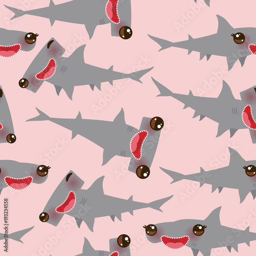 Seamless pattern Cartoon gray Smooth hammerhead Winghead shark Kawaii with pink cheeks and winking eyes positive smiling on pink background. Vector