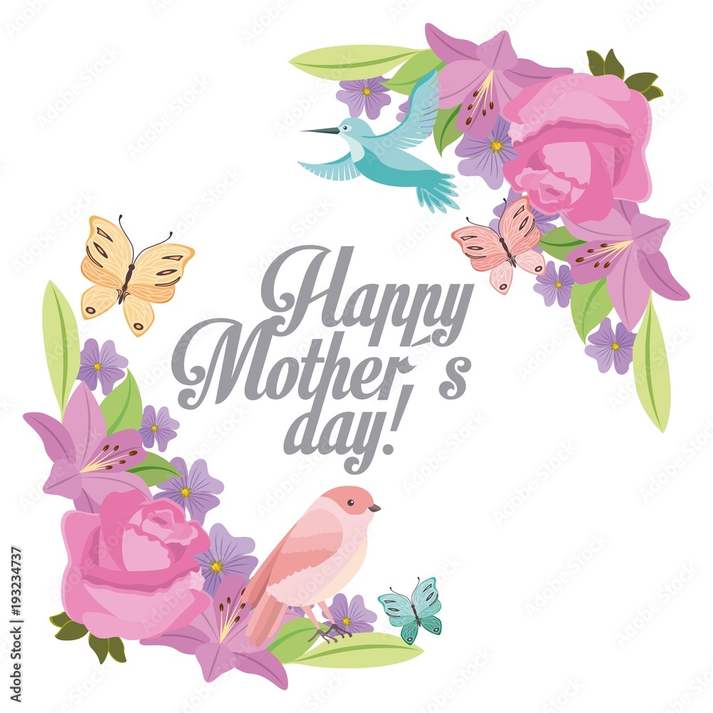 happy mothers day delicate flowers bird butterfly ornament vector illustration