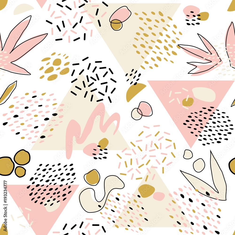Abstract seamless pattern with geometric elements, triangles, different lines, dots and shapes. Vector Hand-drawn illustration
