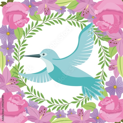 green bird flying wreath flowers decoration vector illustration