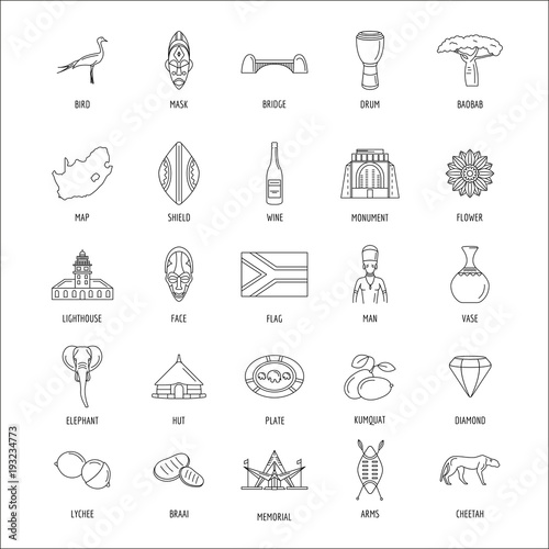 South Africa culture and traditions outline icons set. South Africa objects vector illustration isolated on white background. Elements of South Africa architecture and religion.