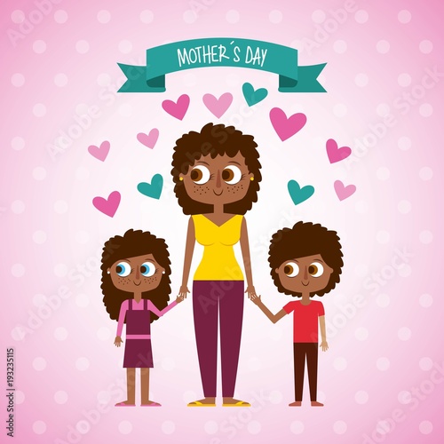 cute afraomerican woman and kids mothers day vector illustration