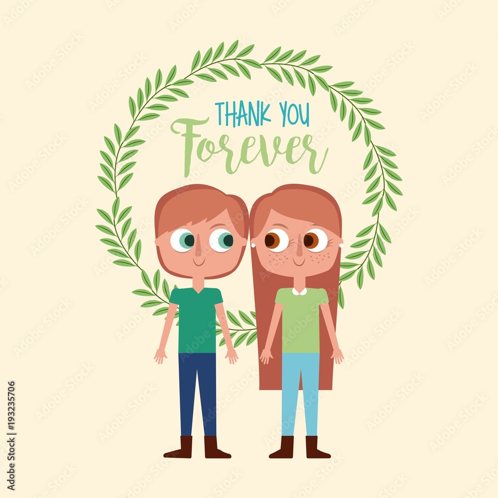 cute boy and girl thank you forever wreath leaves decoration vector illustration cute boy and girl thank you forever wreath leaves decoration vector illustration