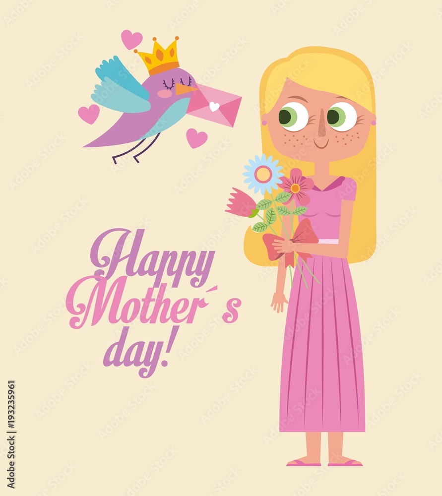 cute bird giving message a happy woman mother day card vector illustration