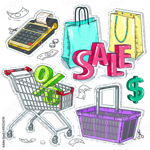 colorful sticker, set supermarket and trade, the trading equipment, cash register and bags
