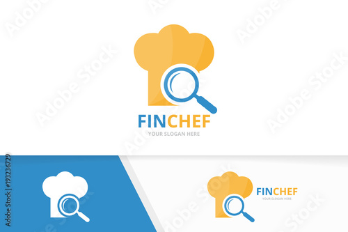 Vector chef hat and loupe logo combination. Kitchen and magnifying symbol or icon. Unique cook and search logotype design template.
