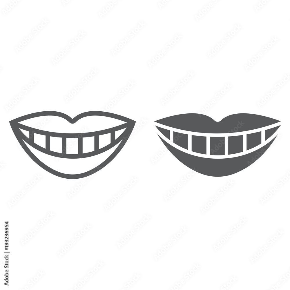 Smile with white tooth line and glyph icon, stomatology and dental, lips sign vector graphics, a linear pattern on a white background, eps 10. Smile with white tooth line and glyph icon, stomatology and dental, lips sign vector graphics, a linear pattern on a white background, eps 10.
