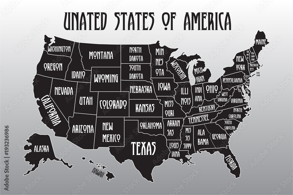 Poster map of United States of America with state names. Black and