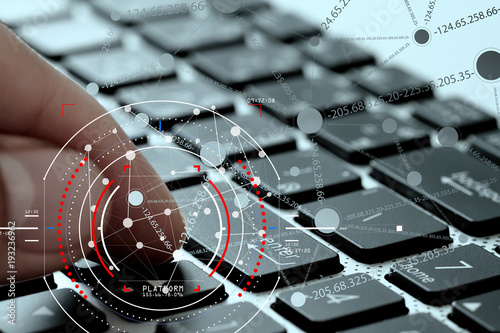 Concept of target focus digital diagram,graph interfaces,virtual UI screen,connections netwoork.Hipster finance analist working at trendy office photo