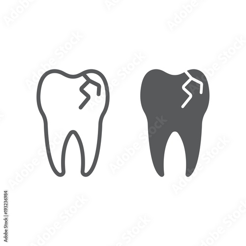 Cracked tooth line and glyph icon, stomatology and dental, broken tooth sign vector graphics, a linear pattern on a white background, eps 10.