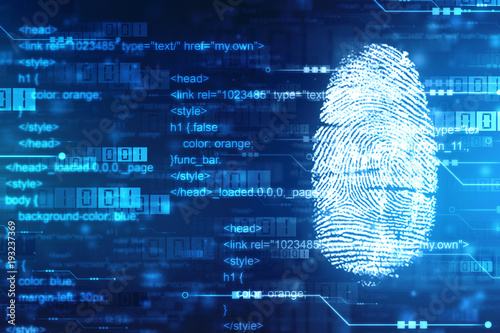 Security concept: fingerprint Scanning on digital screen. cyber security Concept. 3d render photo