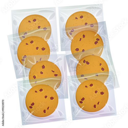 Chocolate chip cookie, Freshly baked Four cookies in transparent plastic package isolated on white background. Bright colors. Vector
