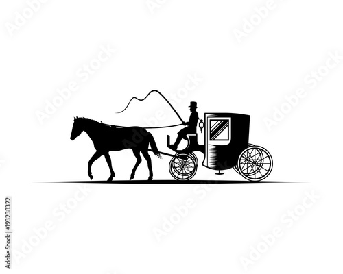 Horse-Drawn carriage with the Coachman Illustration Hand Drawing Symbol Logo Vector