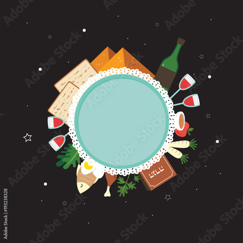 Passover flat traditional icons over night background. greeting card design template. vector illustration