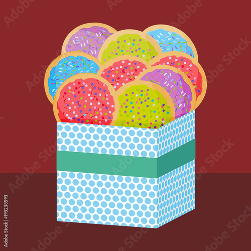 Frosted sugar cookies, Set Italian Freshly baked sugar cookies with pink green violet blue frosting and colorful sprinkles. Present Gift box with biscuits. Bright colors on brown background. Vector
