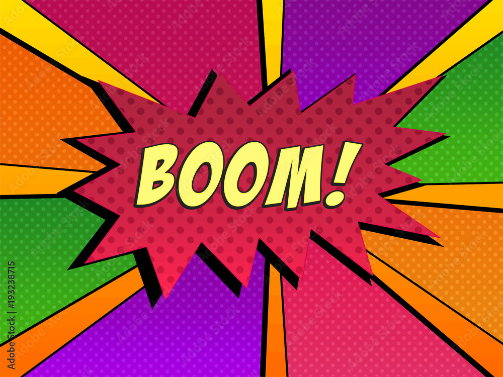 Vector arte pop con la palabra boom en una colorida viñeta
