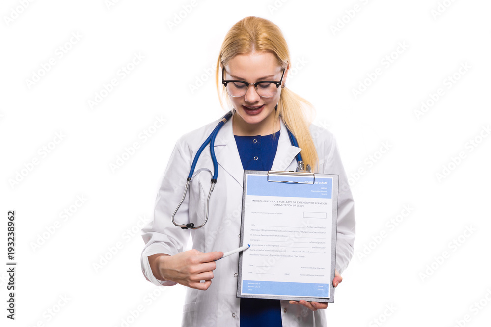 Woman doctor in white coat with clipboard Woman doctor in white coat with clipboard