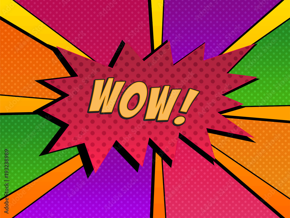 Vector arte pop con la palabra wow en una colorida viñeta